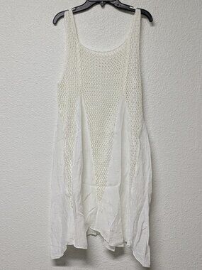 Women's White/Cream Summer Crochet Knit Bodice Crinkle Gauze Swim Cover-Up Dress